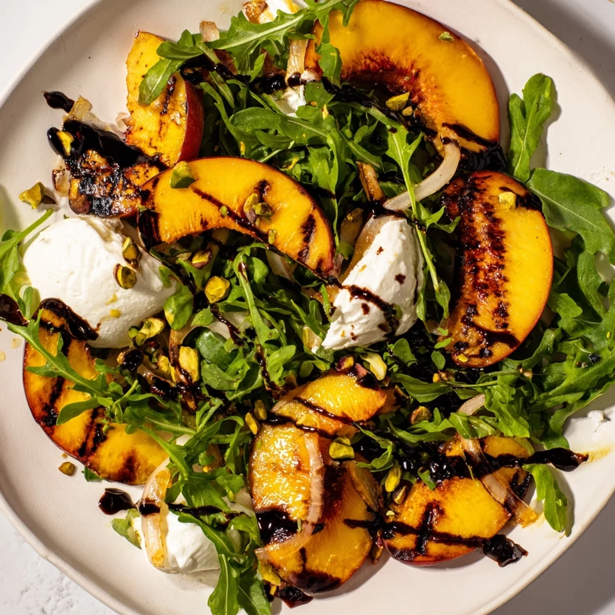 Grilled Peach Salad with charred peaches, creamy burrata, and a balsamic glaze drizzled over greens.