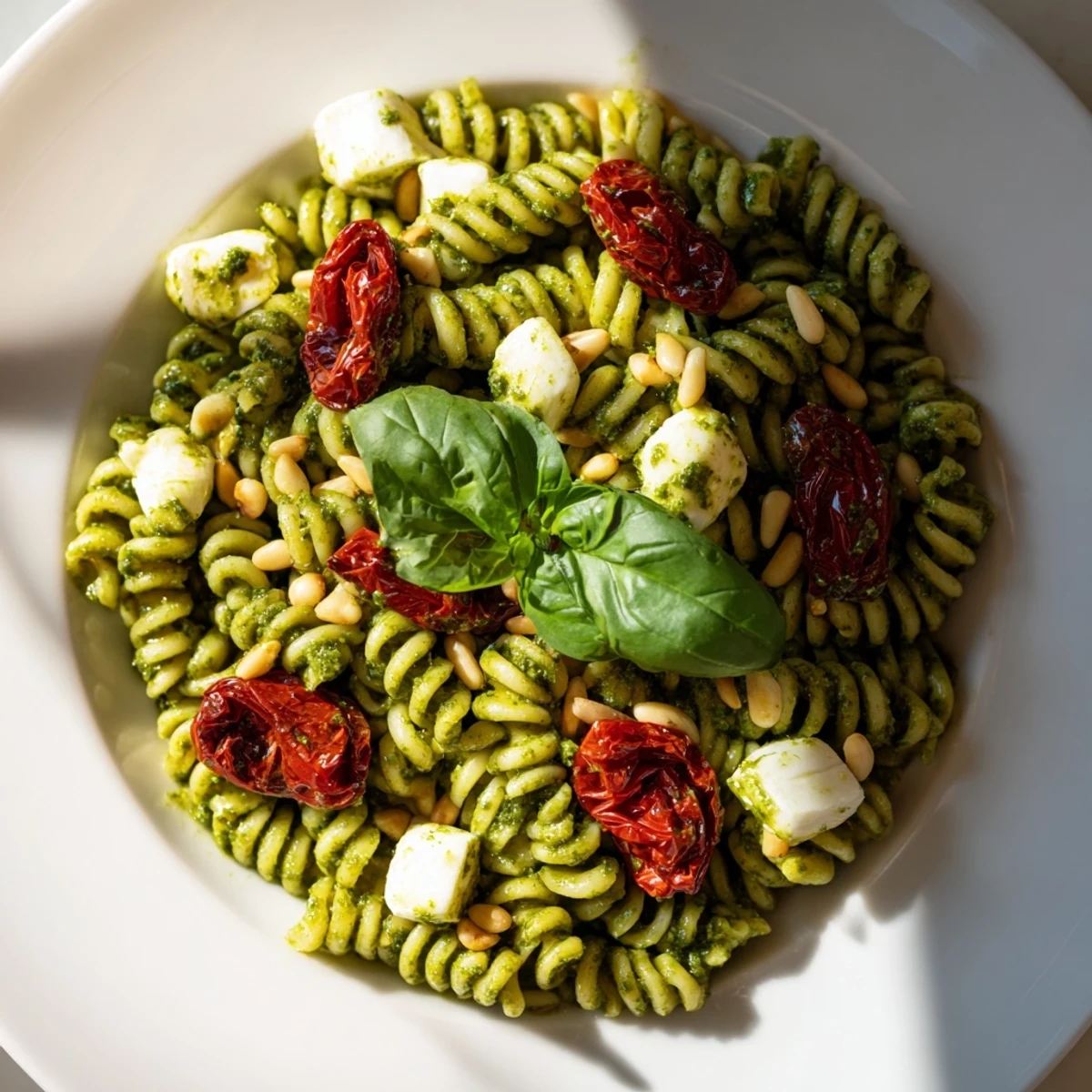 A colorful bowl of Pesto Pasta Salad features mozzarella and sun-dried tomatoes.