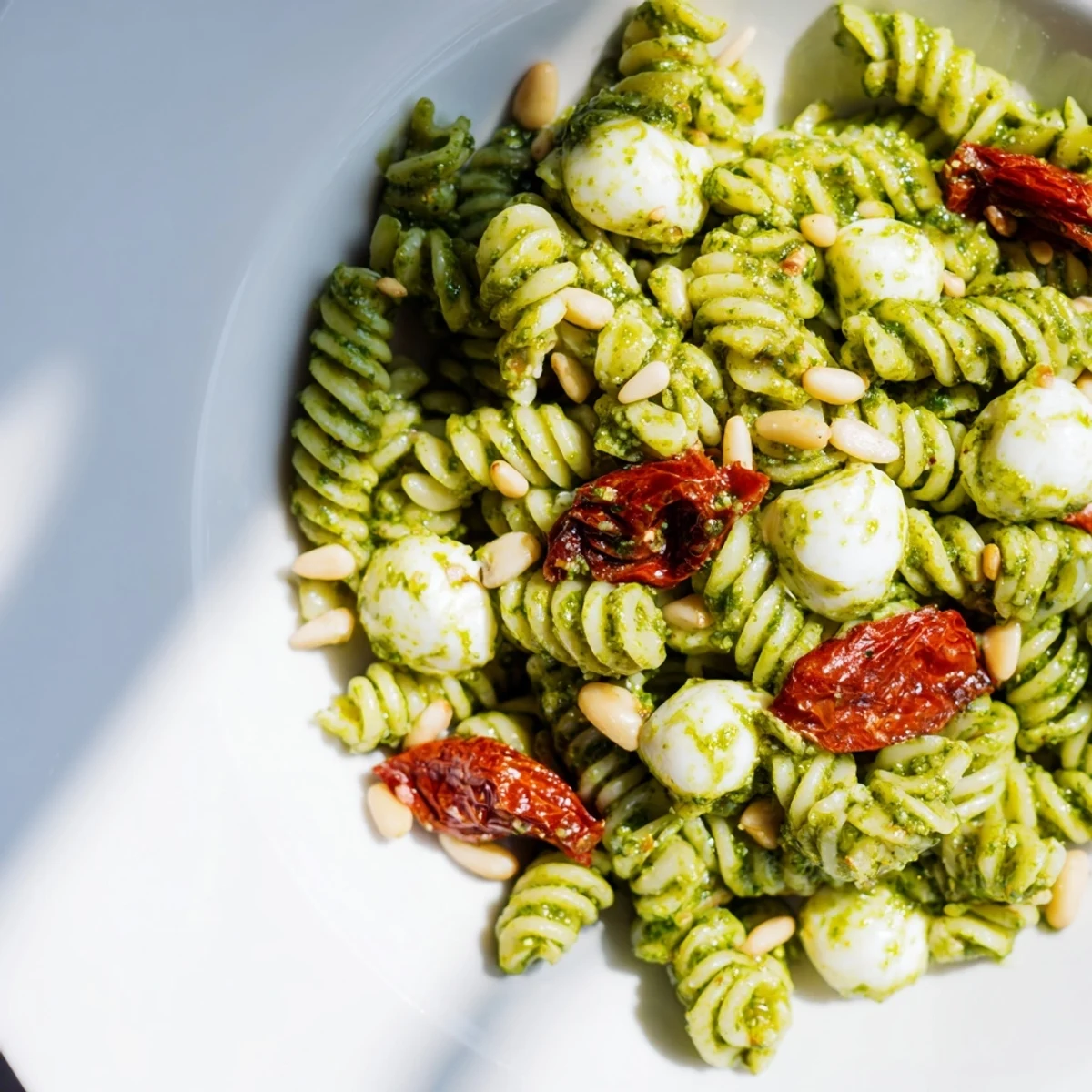 Vibrant Pesto Pasta Salad with basil, mozzarella, and tomatoes offers a delightful texture.