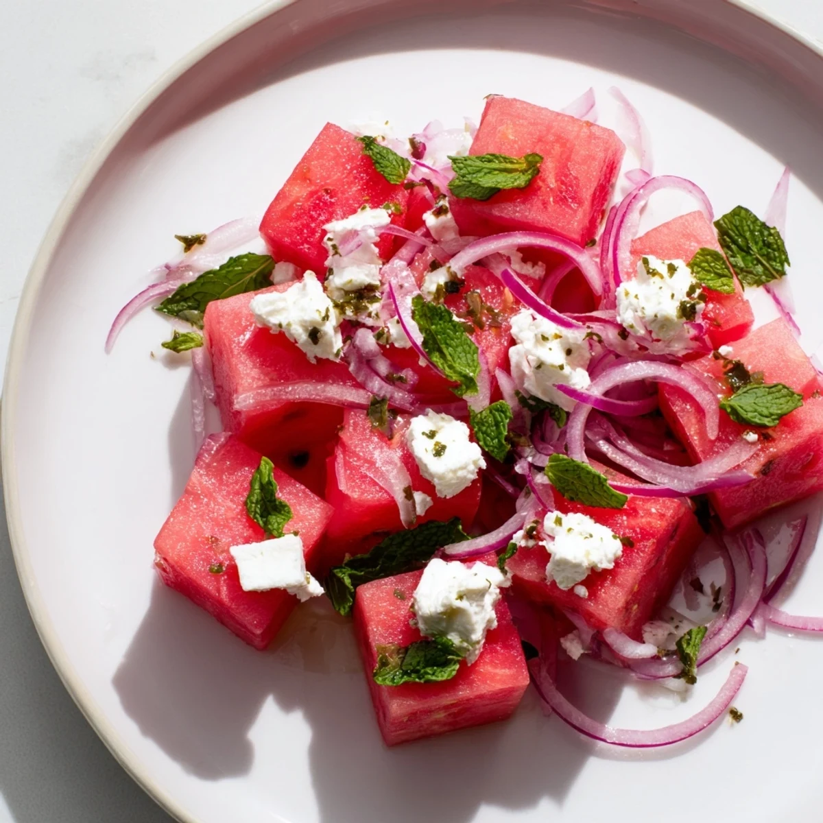 Close-up shot shows a refreshing Watermelon Feta Salad with mint, red onions, and creamy feta cheese.
