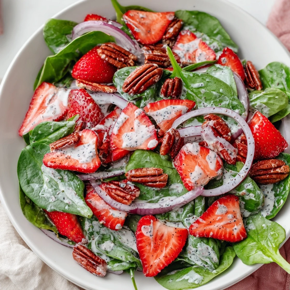 Perfectly plated Strawberry Spinach Salad with vibrant strawberries and candied pecans.