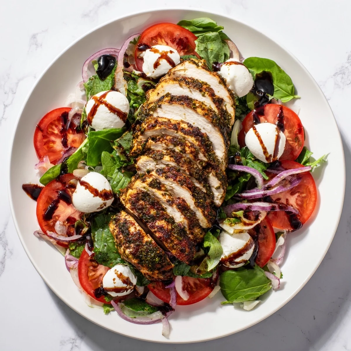 Grilled Caprese Chicken Salad with juicy chicken, ripe tomatoes, and fresh basil, ready to enjoy.