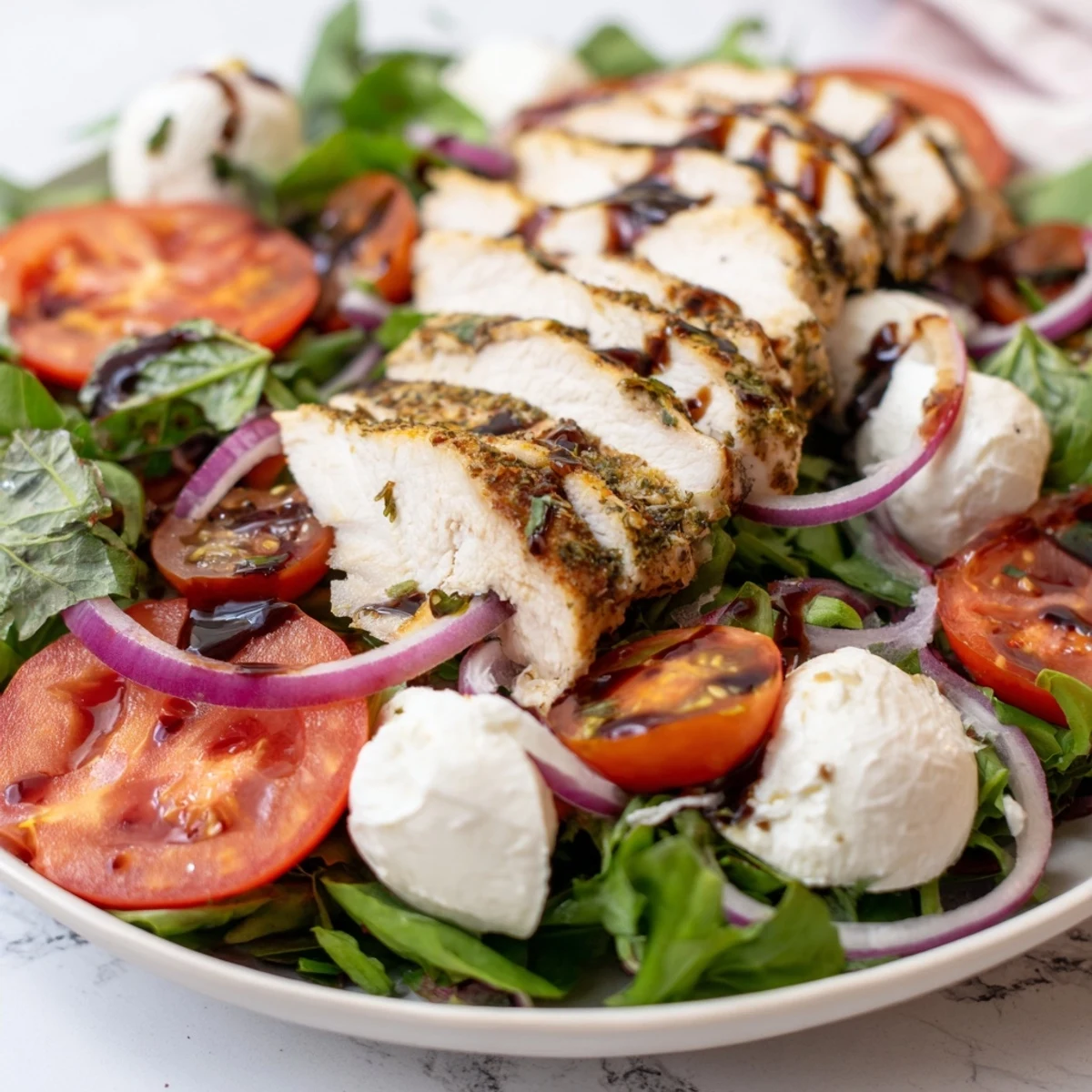 Enjoy a colorful Caprese Chicken Salad; sliced chicken, mozzarella, and tomatoes are artfully arranged.