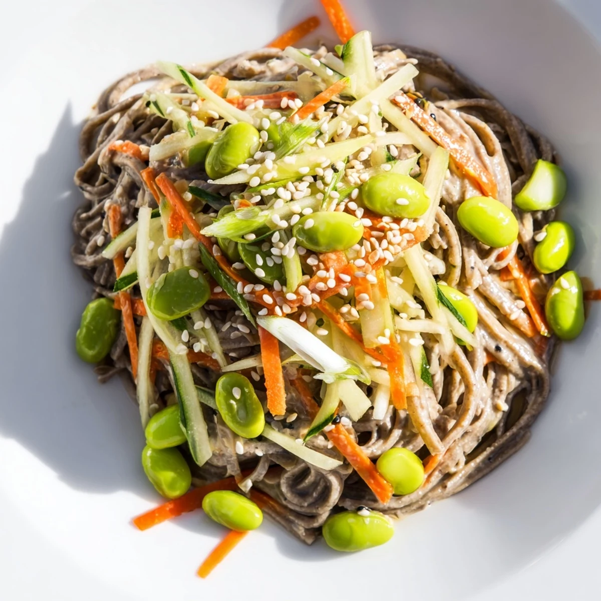 A close-up view of Asian Sesame Noodle Salad with visible noodles and carrots in a delicious sauce.