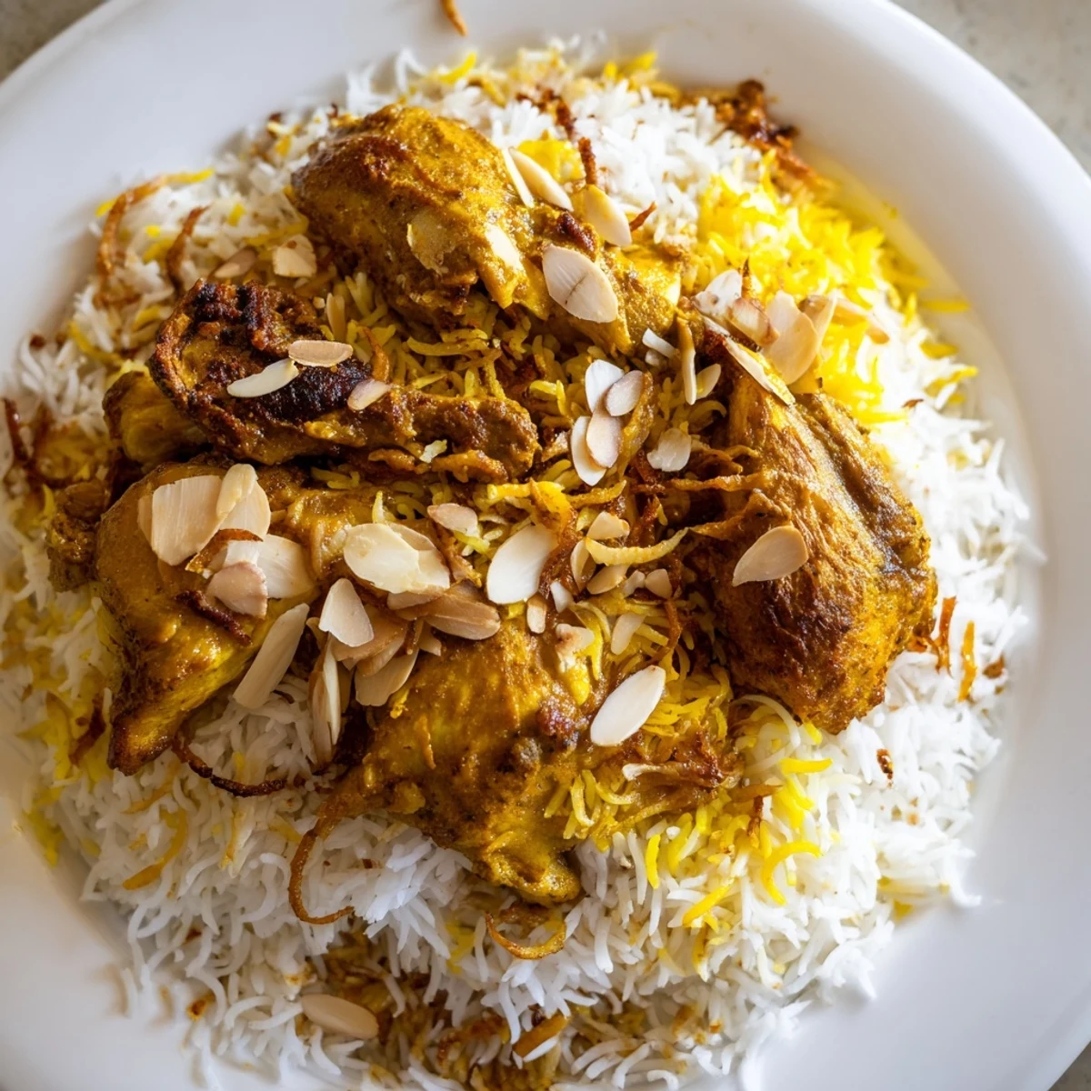 Golden basmati rice with tender chicken in this flavorful Kuwaiti Biryani recipe, ready to serve.