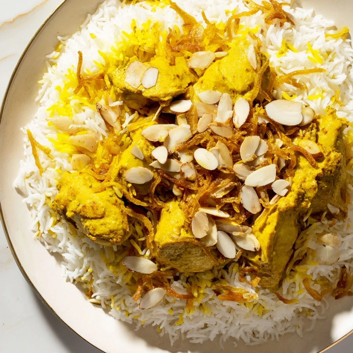 A close-up view displays a steaming bowl of Kuwaiti Biryani, offering layers of spice and aroma.