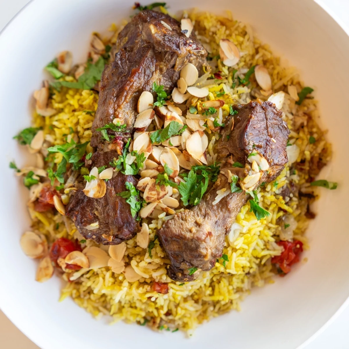 Fragrant Qatari Majboos, with tender lamb nestled atop fluffy basmati rice, a Middle Eastern delight.