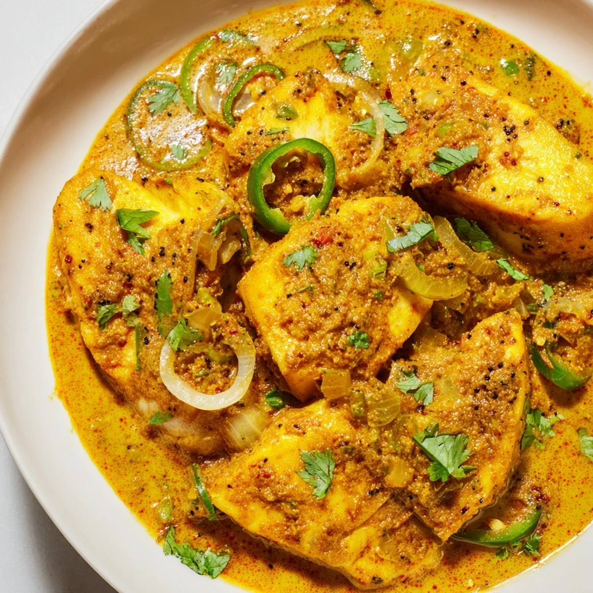 Bahraini Fish Curry, featuring flaky white fish in a creamy, golden coconut milk sauce and spices.