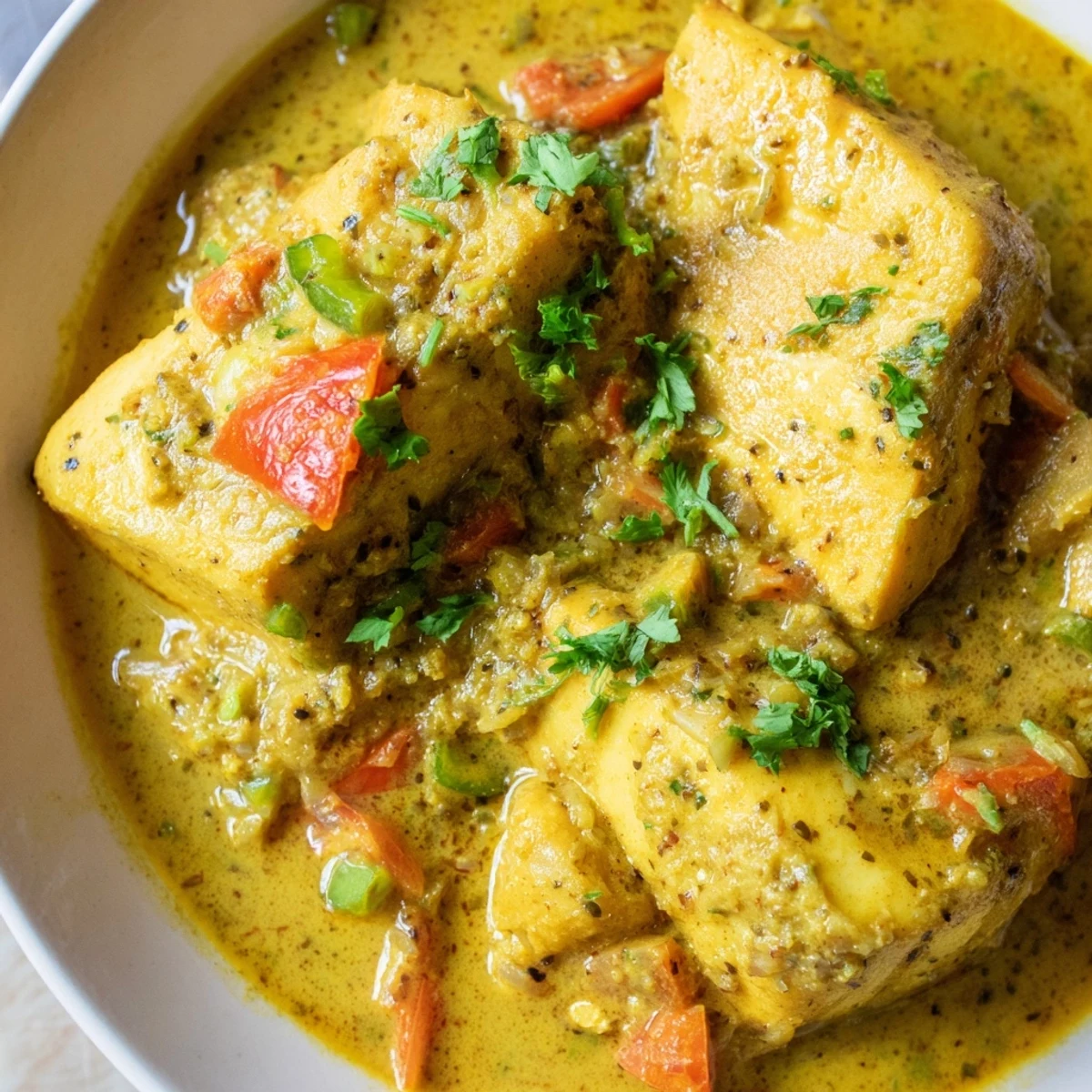 A vibrant close-up showcasing the spiced aroma of Bahraini Fish Curry with tender fish pieces.