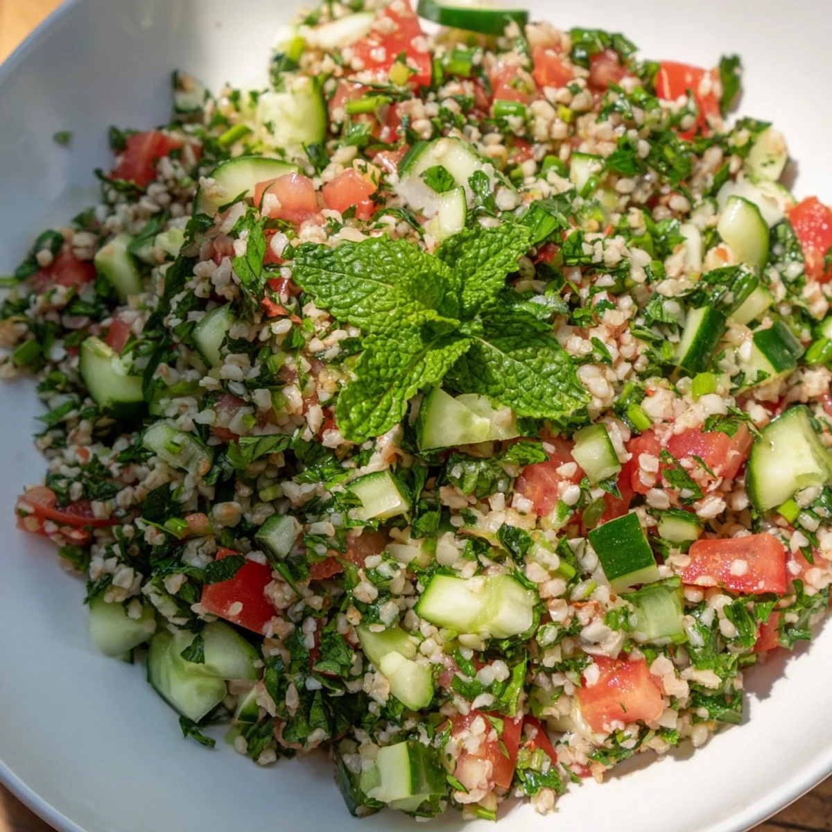 A bright photo shows fresh Lebanese Tabbouleh Salad, a flavorful and healthy vegan dish.