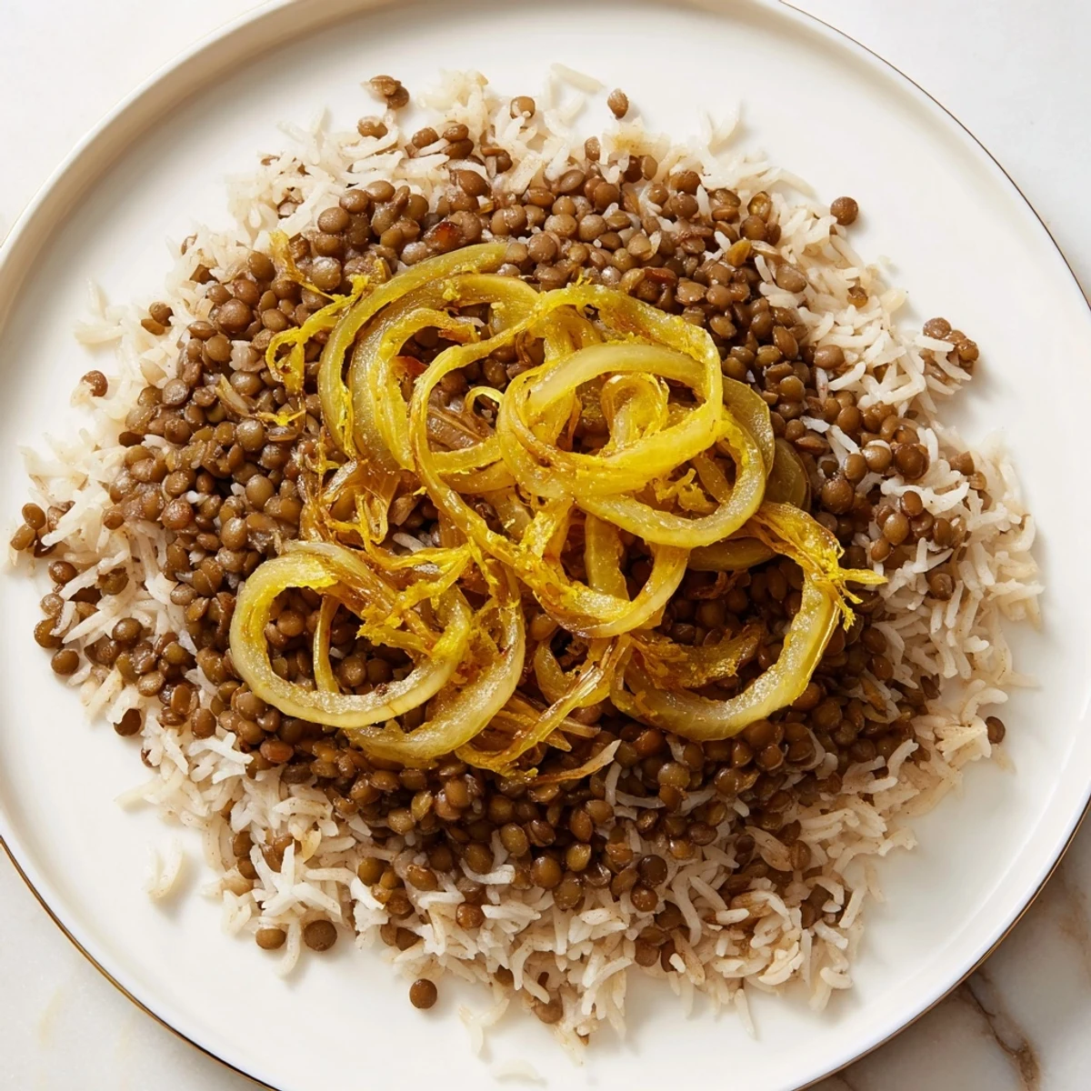 Golden caramelized onions topping a warm bowl of Lebanese Mjadra with perfectly cooked lentils and rice.