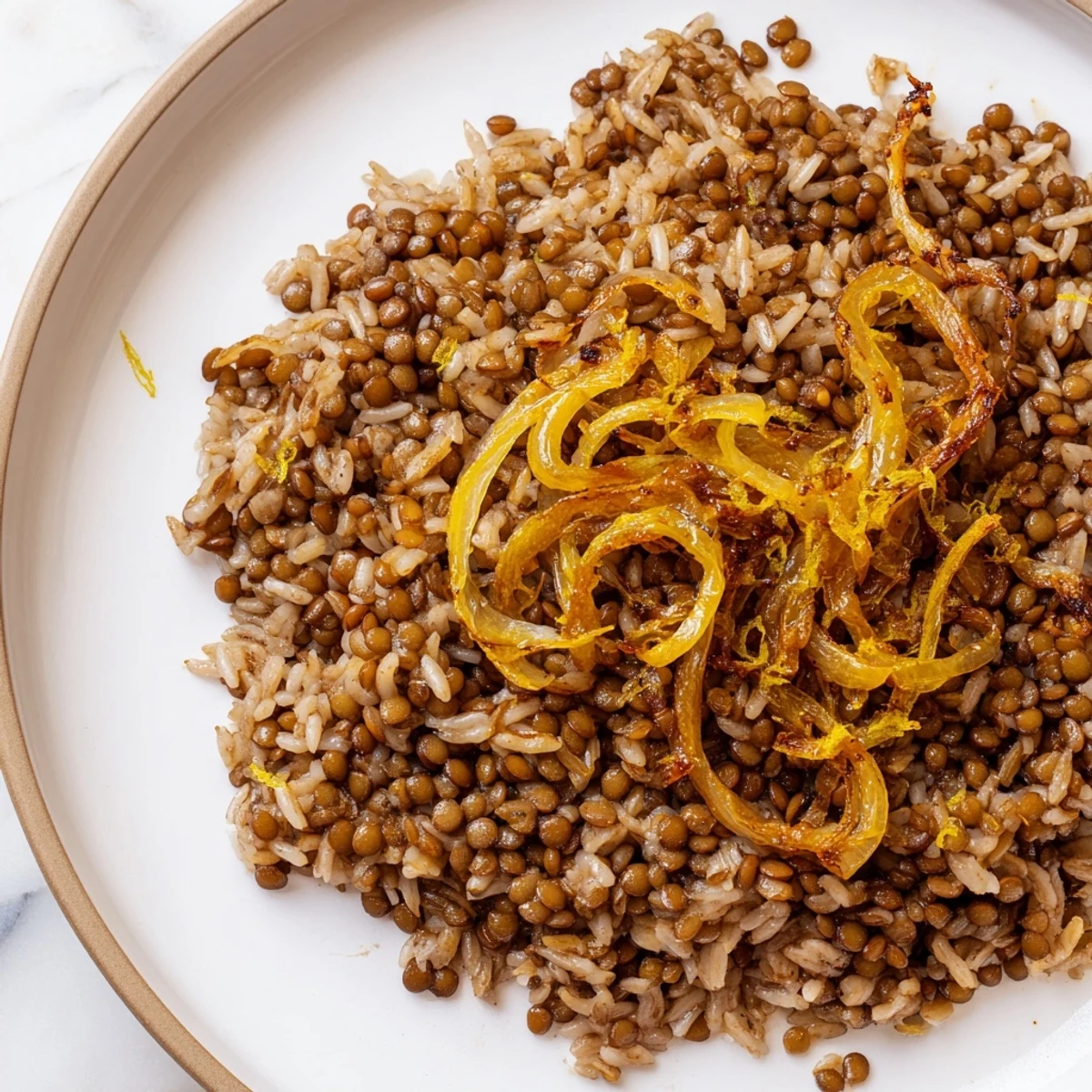 A close-up shot of steaming Lebanese Mjadra; lentils, rice, with spice aromas and rich caramelized onions.