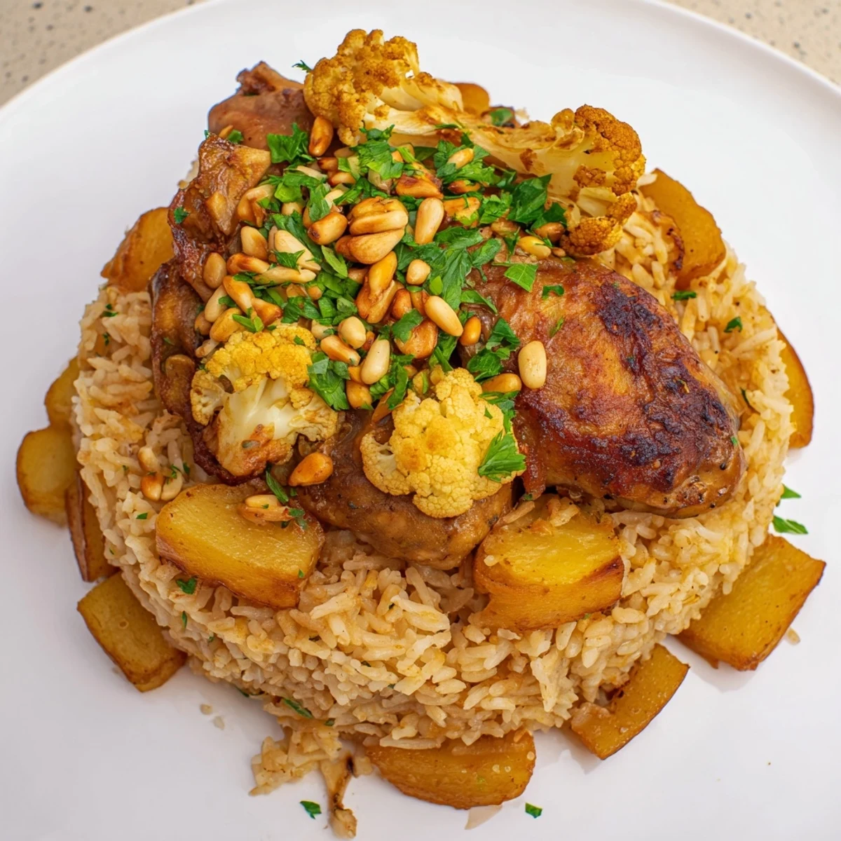 A stunning image showcases the dramatic reveal of Palestinian Maklouba, a flavorful rice dish.