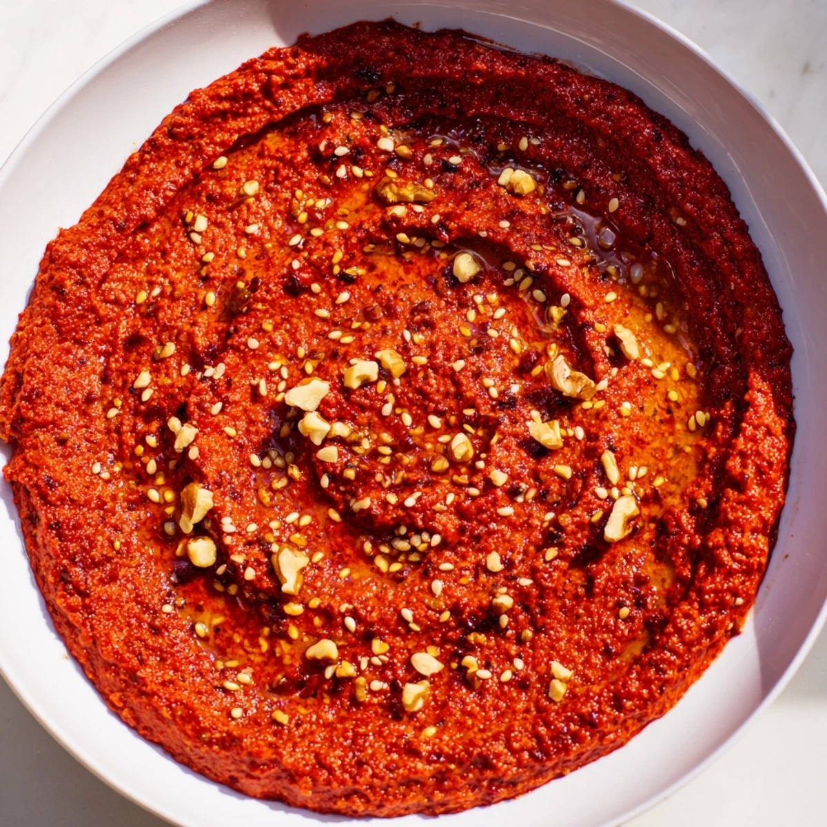 Smoky, vibrant Syrian Muhammara dip with toasted walnuts and drizzled olive oil, perfect for pita.