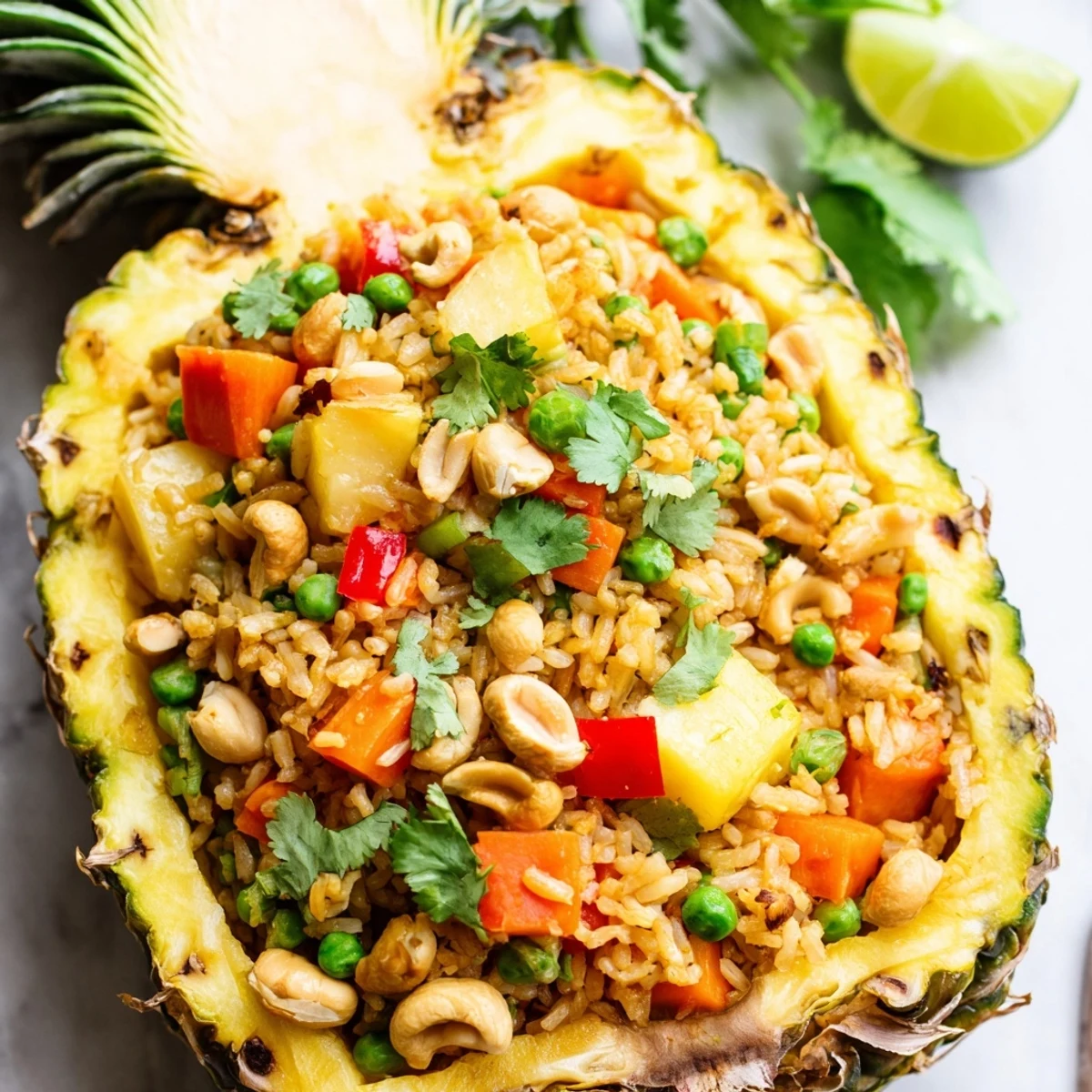 Steaming Thai pineapple fried rice features sweet fruit, savory soy, and fresh cilantro garnish.  