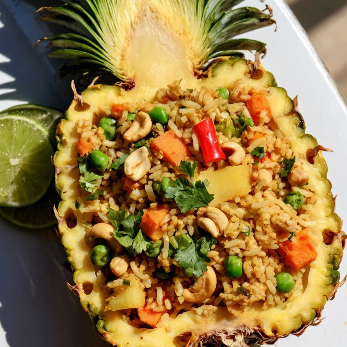Colorful pineapple fried rice with tender vegetables, fluffy jasmine rice, and lime wedges.