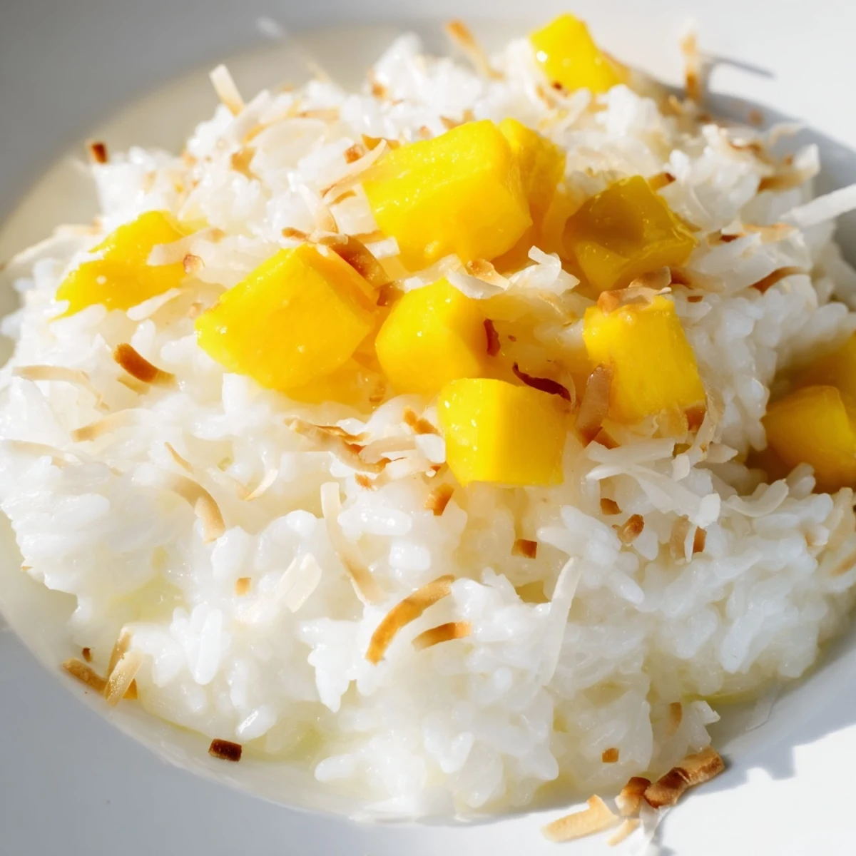 A close-up of tropical Coconut Rice Sweet topped with toasted coconut flakes and vibrant mango, ready to be served.