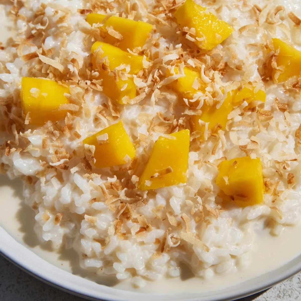 Coconut Rice Sweet dessert served in a rustic ceramic bowl, drizzled with vanilla and garnished with fresh pineapple.