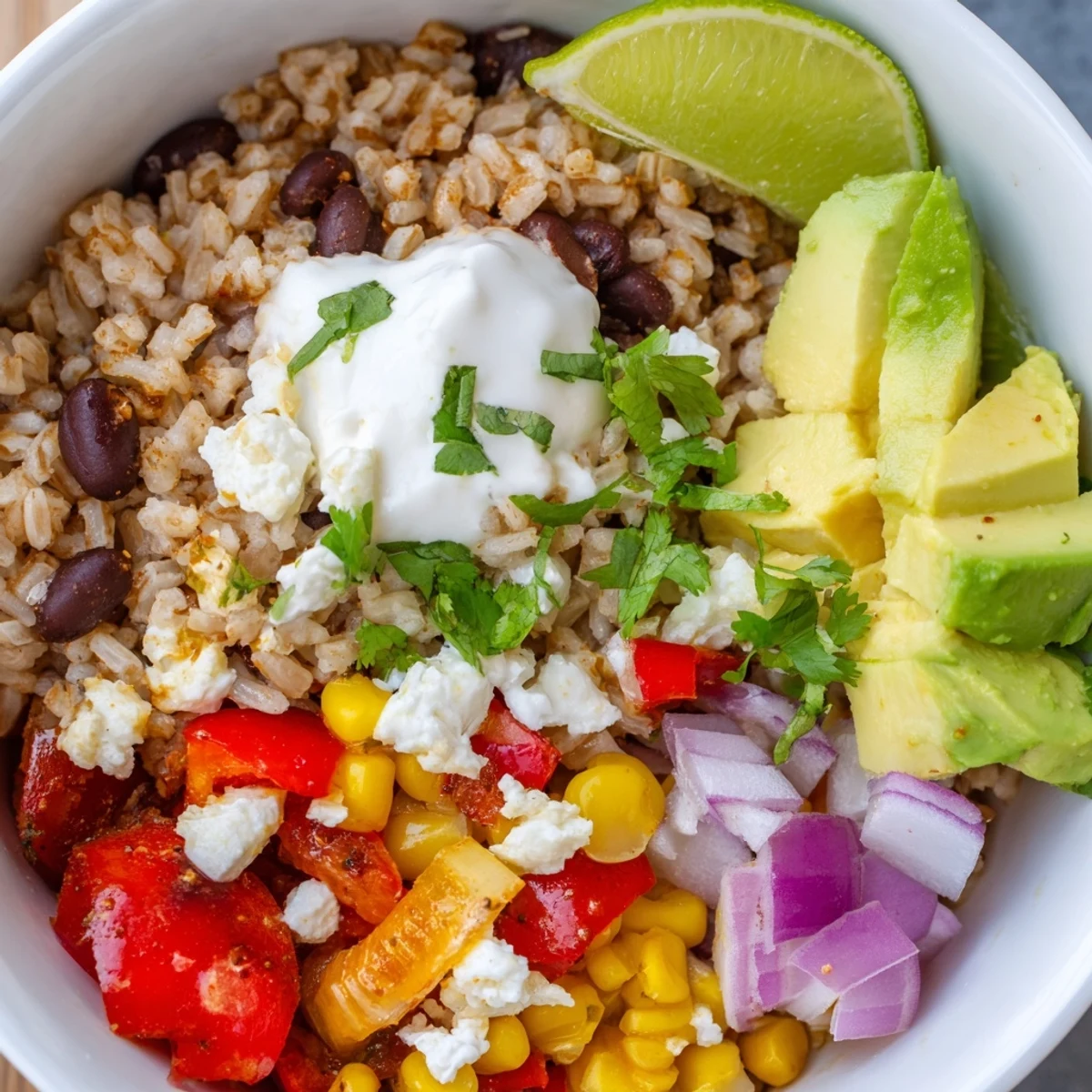 A hearty Brown Rice Burrito Bowl featuring fluffy rice, spiced beans, avocado, and lime wedges.