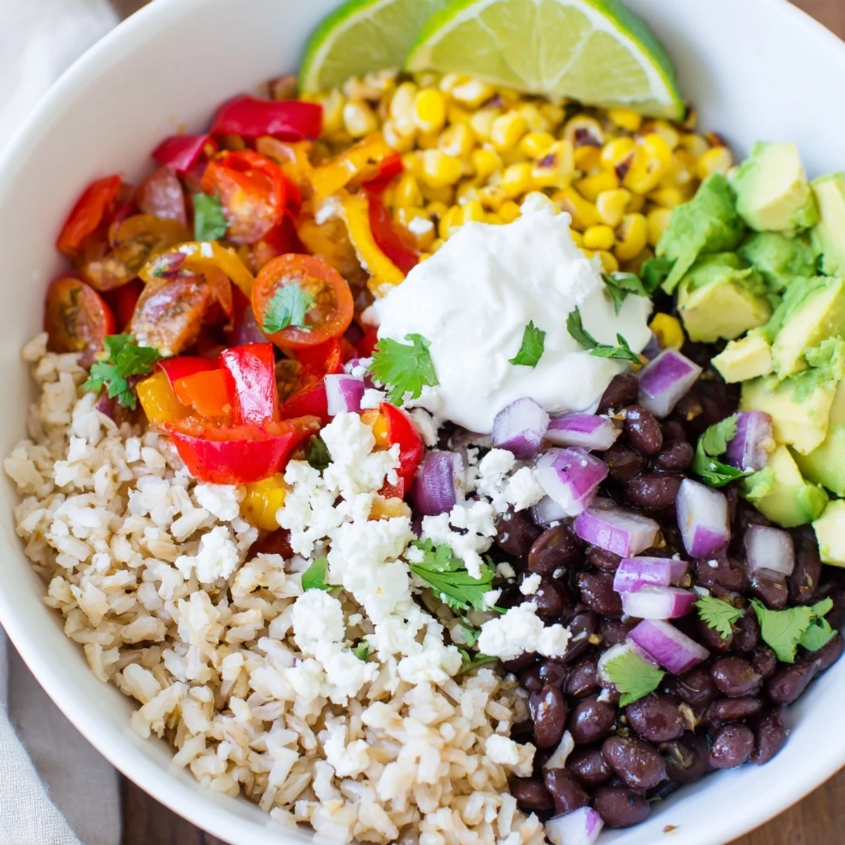 Colorful Brown Rice Burrito Bowl with corn, tomatoes, sour cream, and fresh cilantro garnish.
