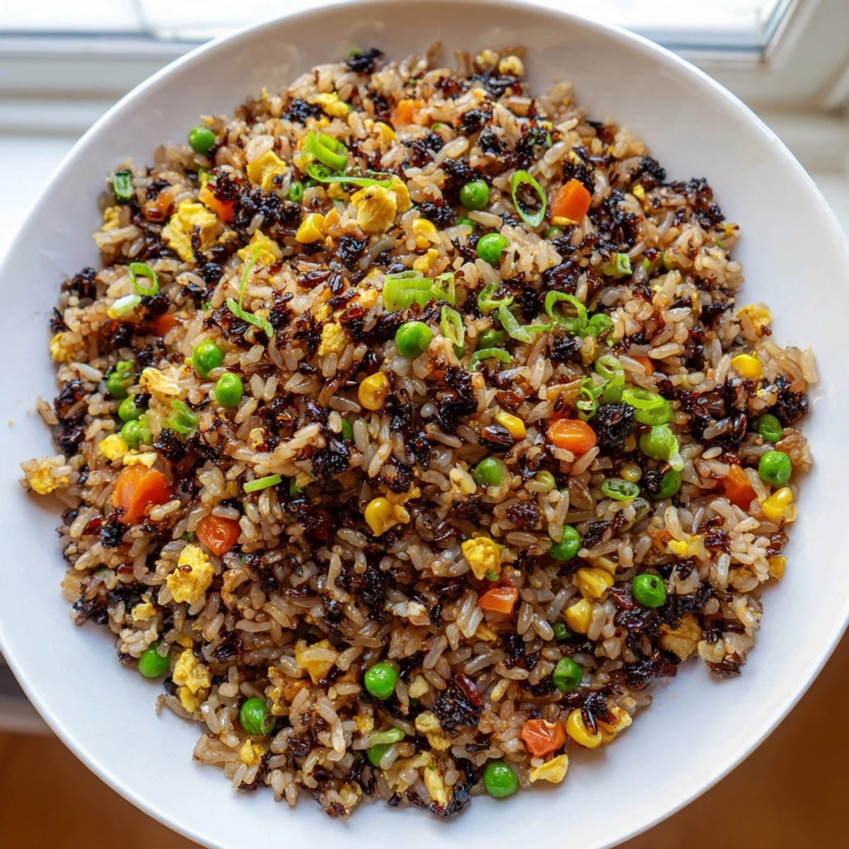 This aromatic Black Garlic Fried Rice recipe includes golden scrambled eggs and a side of pickled vegetables for serving.
