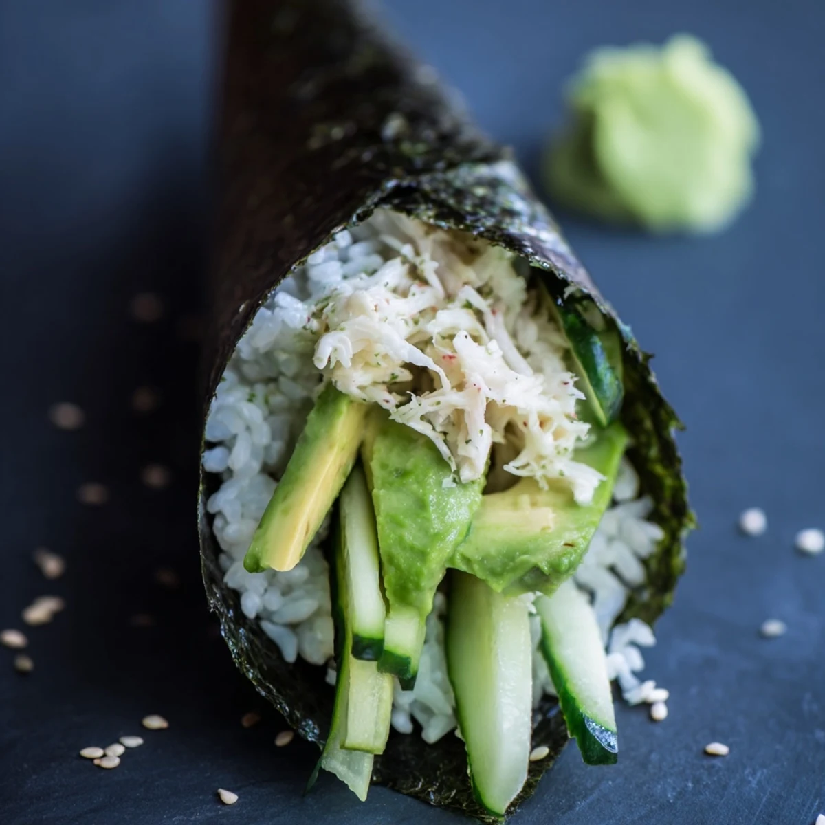 A close-up of a homemade sushi rice hand roll with crab, avocado, and cucumber.  