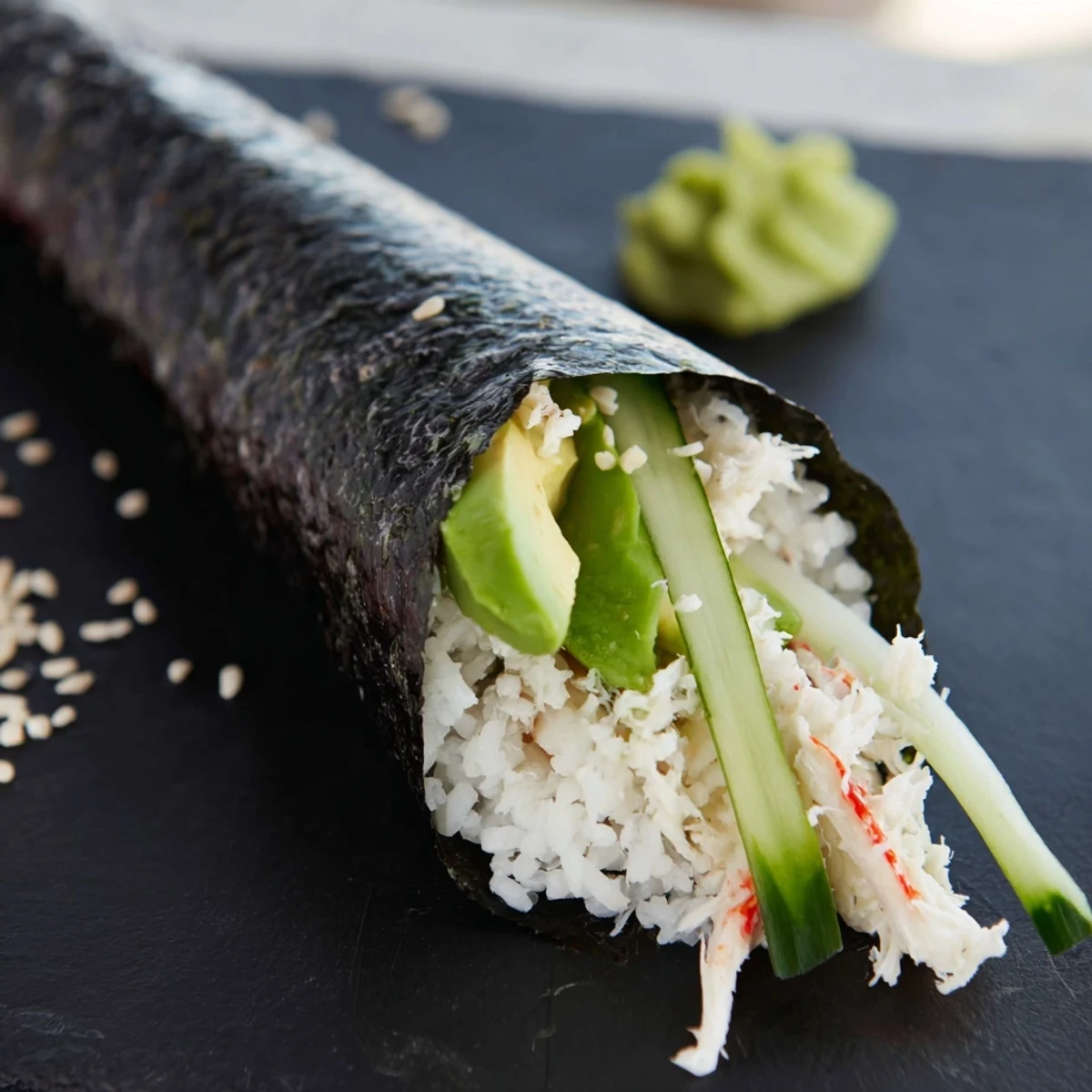 Freshly rolled nori cones filled with seasoned sushi rice, avocado, and crab, ready to serve.