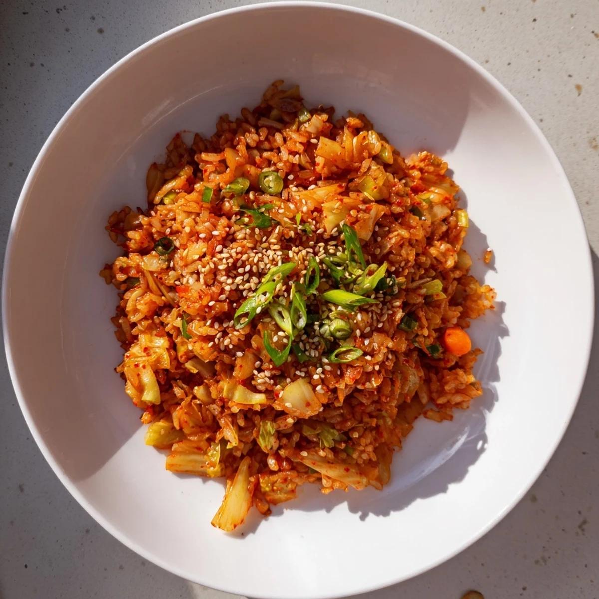 Spicy kimchi fried rice with bright orange gochujang sauce, chopped vegetables, and green onions, served in a rustic ceramic bowl.