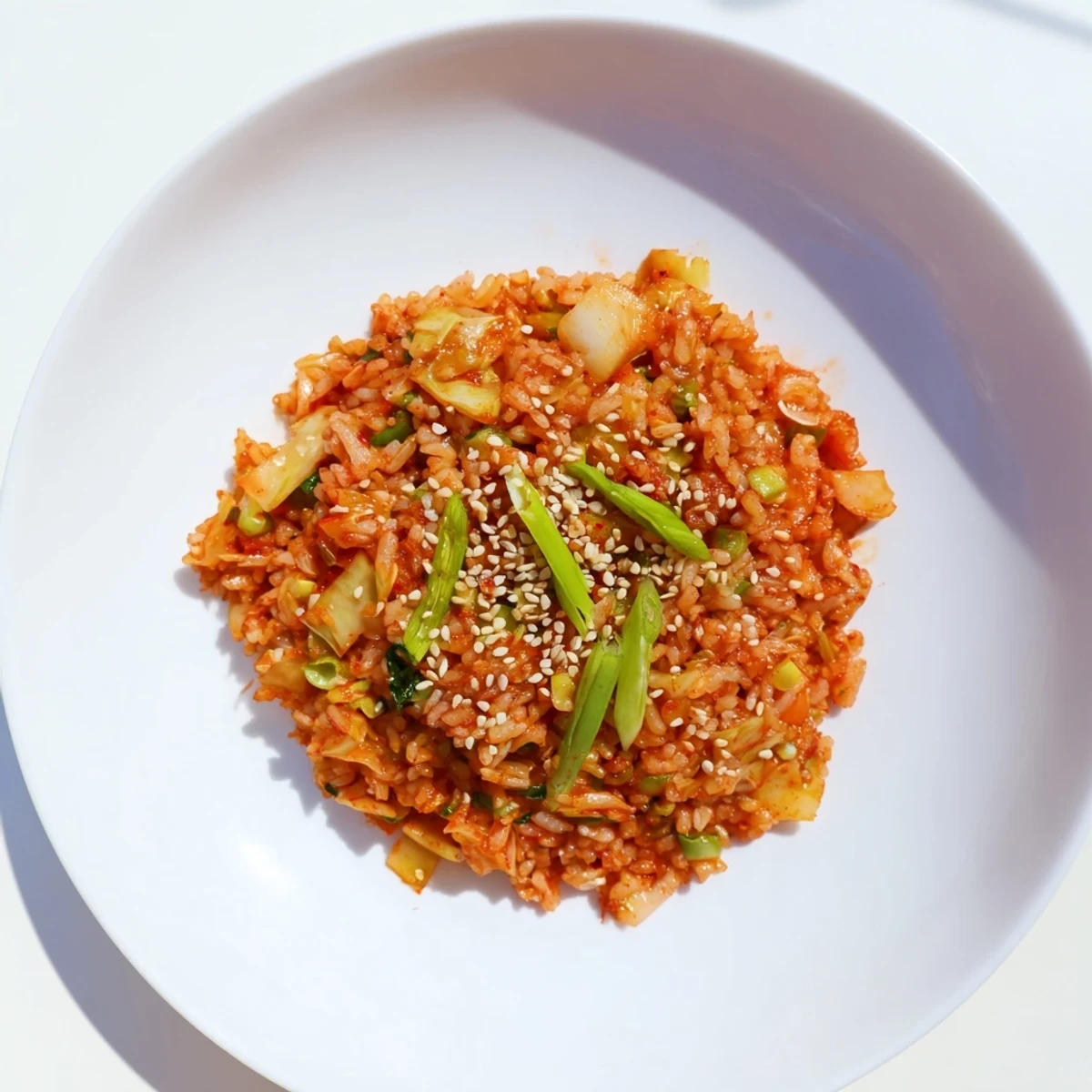 Golden fried egg on top of savory Kimchi Fried Rice, garnished with sesame seeds and fresh green onion slices.