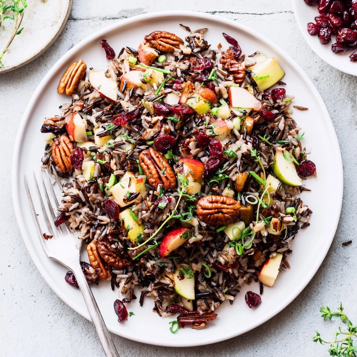 A close-up of Wild Rice Harvest Salad with crisp apples and bright herbs on a wooden table.  
