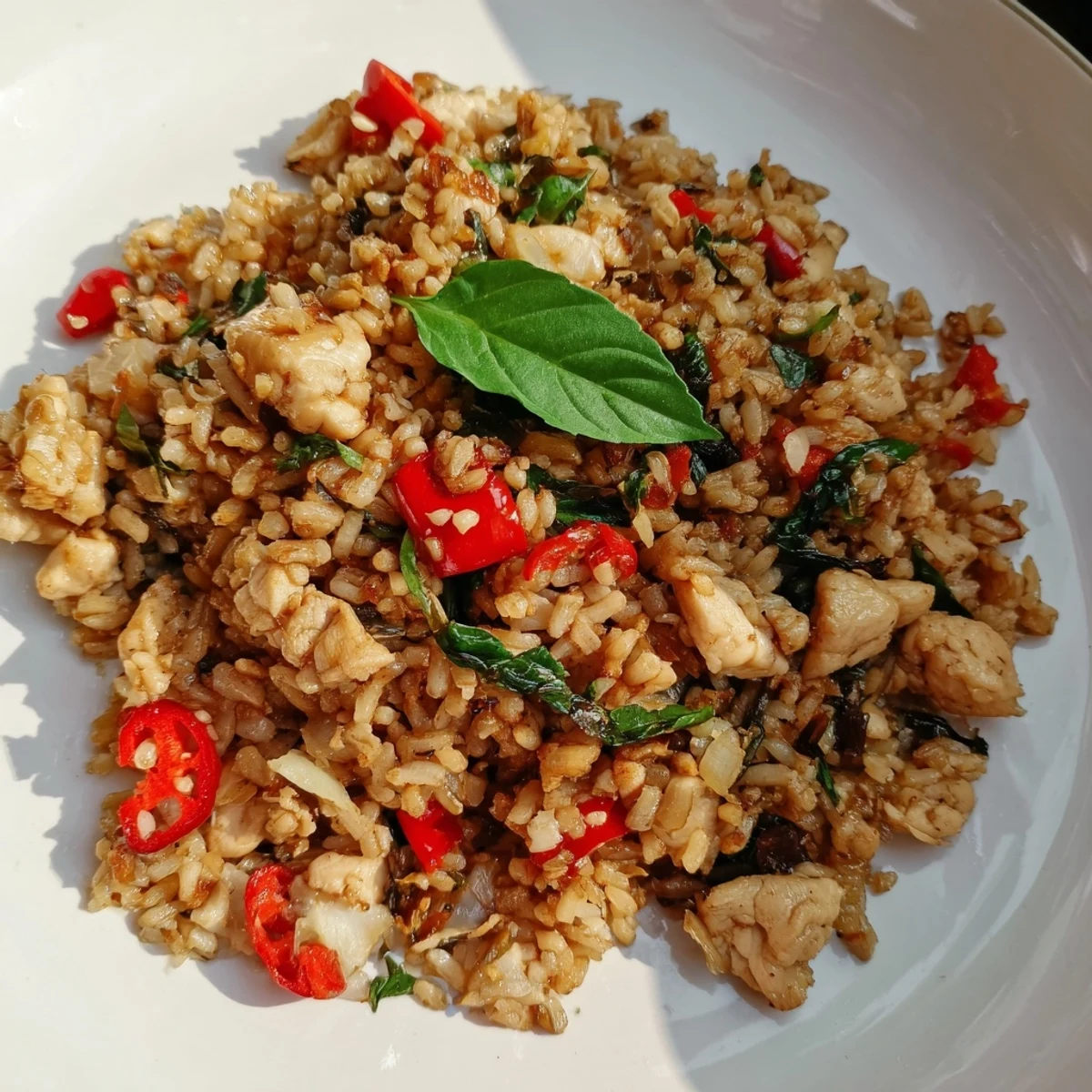 Steaming Thai Basil Chicken Fried rice served with lime wedges and cucumber slices for a fresh, spicy meal.  