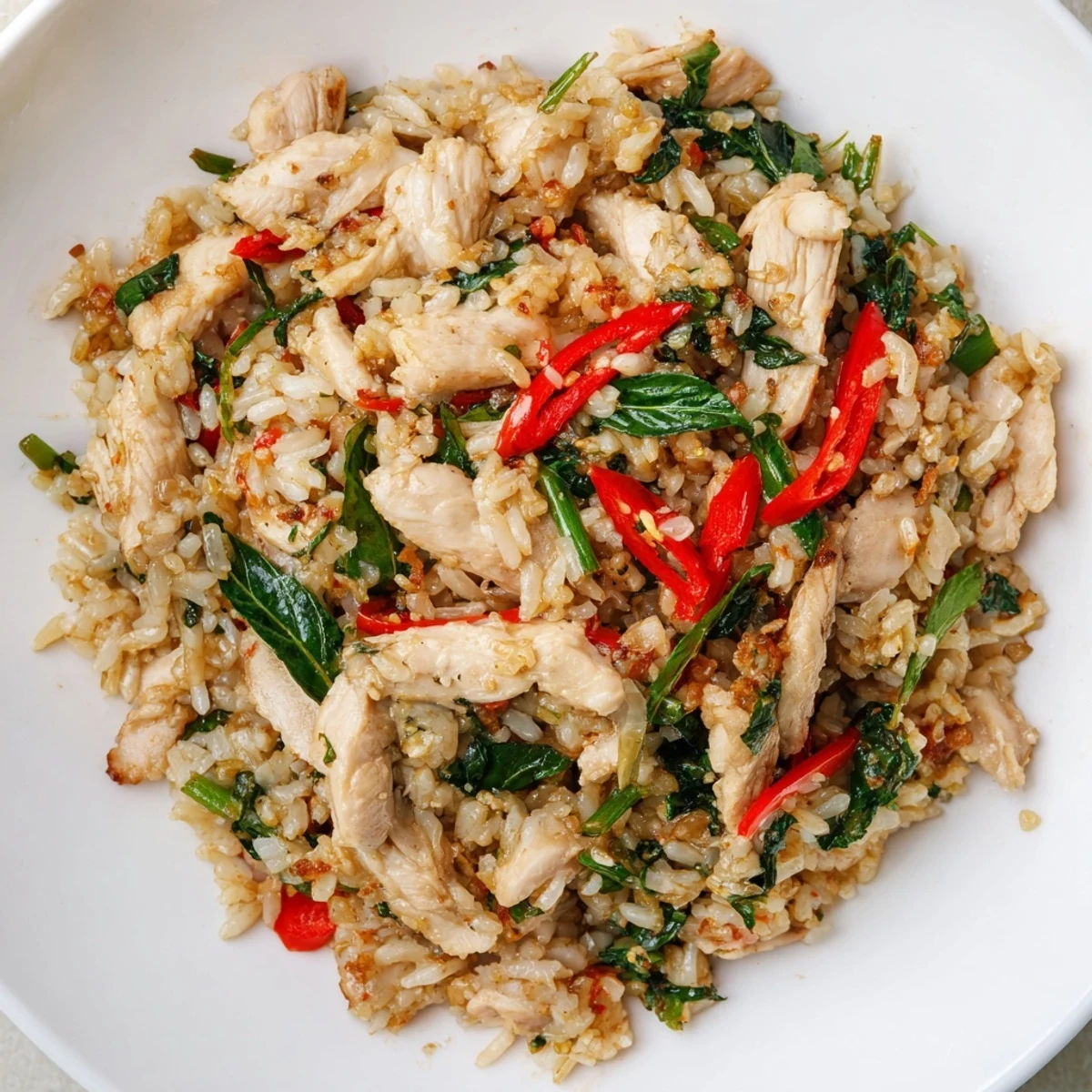 Quick Thai Basil Chicken Fried Rice topped with vibrant chilies and aromatic holy basil in a sizzling wok.  