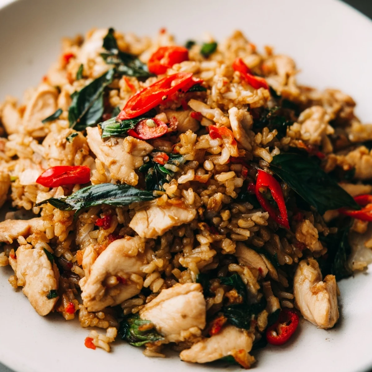 Easy homemade Thai Basil Chicken Fried Rice ready in 30 minutes, garnished with fresh lime and cucumber.