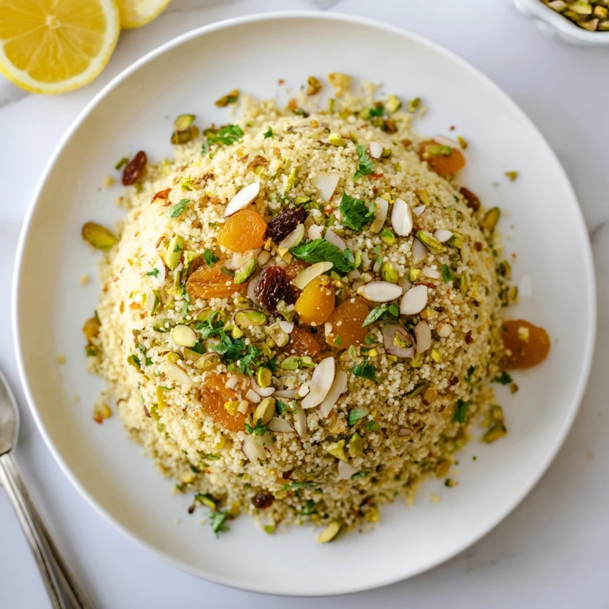Colorful Couscous Pilaf Spiced with fluffy grains, pistachios, and almonds, garnished with fresh parsley and served with lemon wedges.