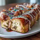 A festive King Cake Overnight French Toast Bake with golden cinnamon brioche, drizzled icing, and colorful Mardi Gras sprinkles.  