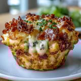 Savory funeral potatoes transformed into easy muffin cups with creamy filling and crunchy topping for brunch.  