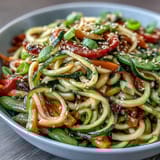 2. Vibrant spiralized zucchini noodles tossed with red bell pepper, snap peas, and fragrant ginger in a quick stir fry.  