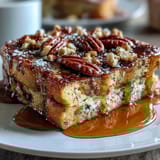 Fluffy baked pancake casserole with golden maple syrup drizzle, perfect for a cozy weekend breakfast.  