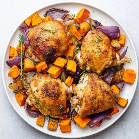 Golden Bright Lemon-Herb Chicken Thighs roasted with sweet potatoes and earthy parsnips.