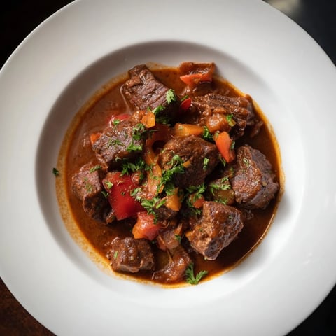 Steaming one-pot beef goulash, rich with paprika, served alongside toasted, crusty bread, ready to eat.