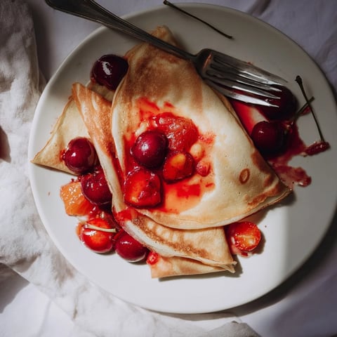 Golden crêpes with a cherry-orange sauce, a delicious Elegant Cherry-Coded Crêpe Suzette photo.