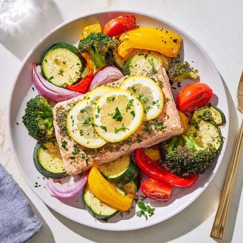 Golden-brown Sheet Pan Salmon rests on a bed of roasted lemon and herb-infused veggies, ready to serve.