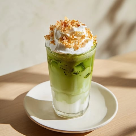 Creamy Toasted Coconut Gingerbread Iced Matcha, topped with whipped cream and fragrant cinnamon.