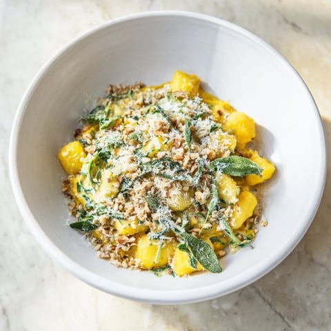 Steaming bowl of One-Pot Creamy Pumpkin Sage Gnocchi, garnished with crispy sage and Parmesan.