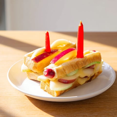 Golden-brown Brie, Apple & Honey Christmas Candle Grilled Cheese melting inside warm, crusty bread, ready to eat.