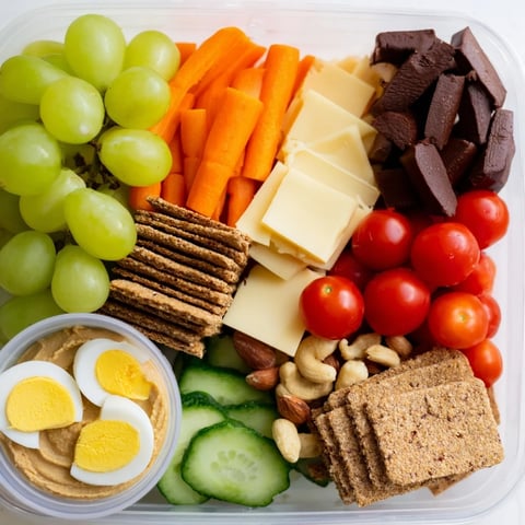 A colorful Road Trip Snack Box filled with fresh fruits, cheese, and crunchy crackers awaits your journey.