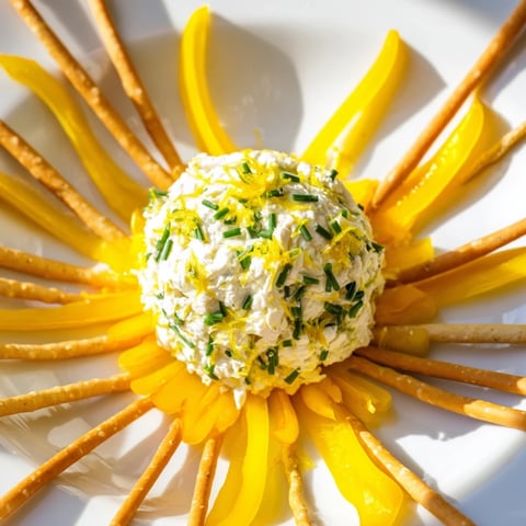 Vibrant Tuscan Sunburst appetizer: yellow bell pepper sun rays with creamy lemon goat cheese and breadsticks.