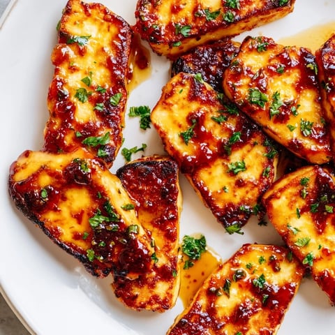 Golden, crispy pieces of hot honey halloumi glistening with a spicy, sweet honey glaze.