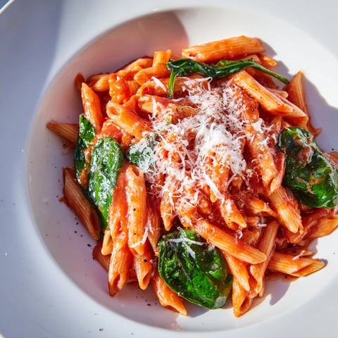 Quick Marinara Pasta with Spinach served in a bowl, showcasing the vibrant red sauce and fresh spinach.