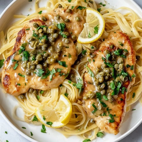 Golden Quick Chicken Piccata Pasta with capers and a bright lemon sauce over spaghetti.